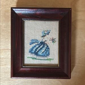 Antique Framed Cross-Stitch Art with Blue Dress Motif